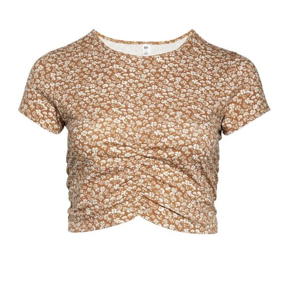 BP Women’s Top Crop Ruched Organic Cotton Tan Mushroom Print Size 2X NEW NWT - Picture 2 of 5